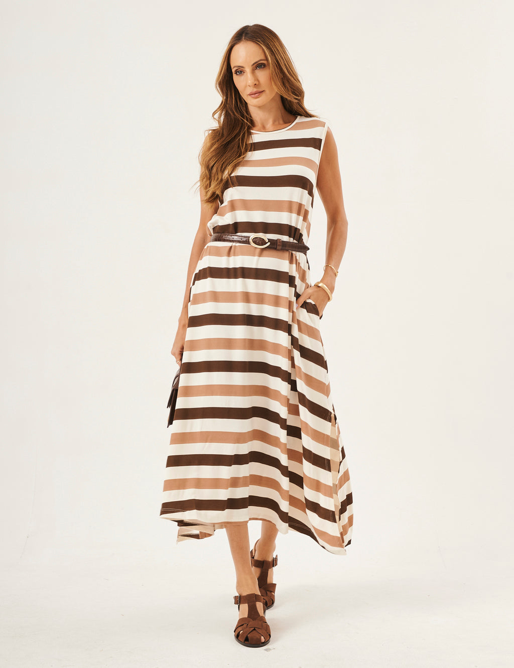 Vestido Clara Listras Tricolor Marrom