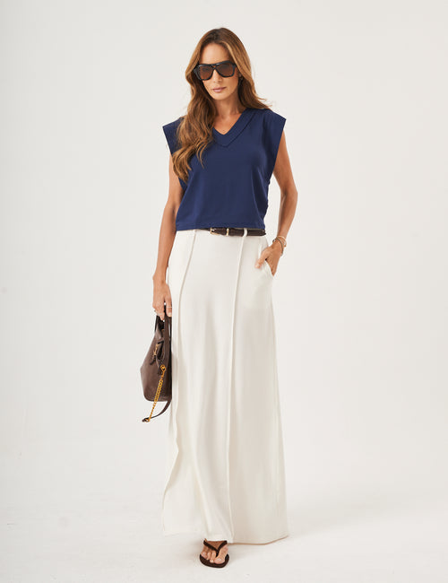 Conjunto Blusa Alessia Azul Marinho e Saia Melanie Off White