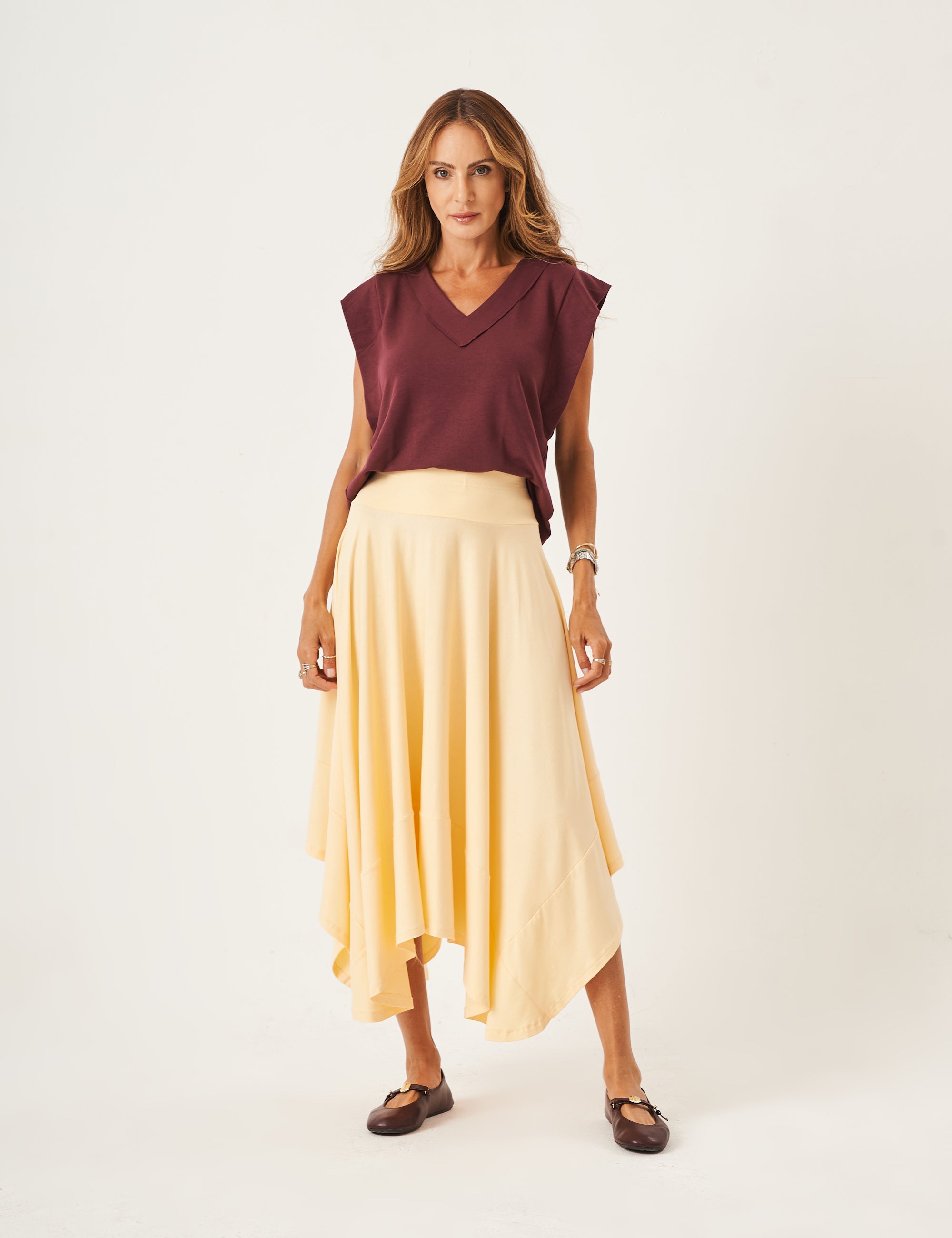 Conjunto Blusa Alessia Malbec e Saia Eloa Amarelo Manteiga