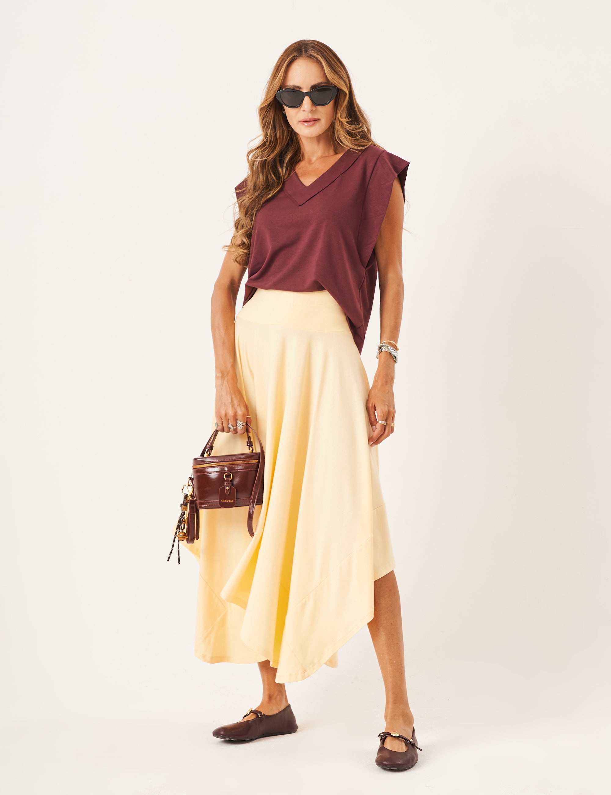 Conjunto Blusa Alessia Malbec e Saia Eloa Amarelo Manteiga