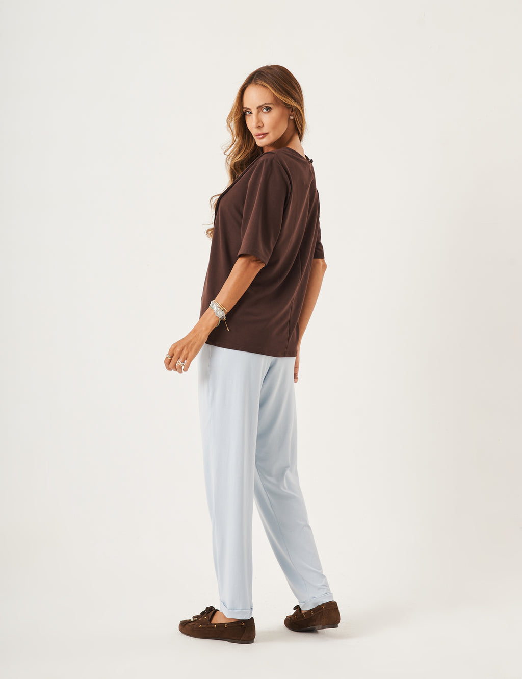 Conjunto Blusa Cora Marrom e Calça Paris Azul Céu