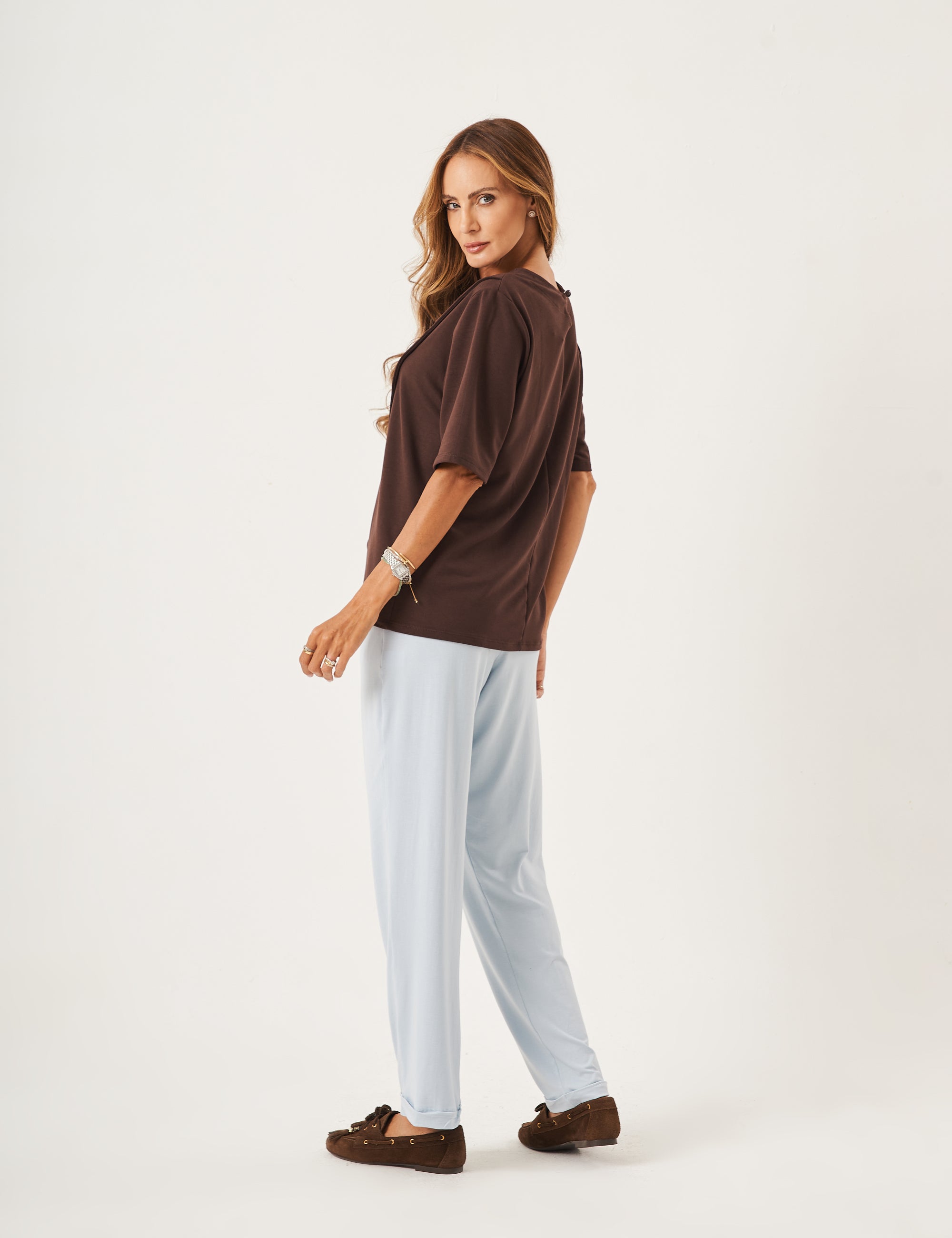 Conjunto Blusa Cora Marrom e Calça Paris Azul Céu