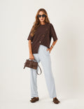 Conjunto Blusa Cora Marrom e Calça Paris Azul Céu
