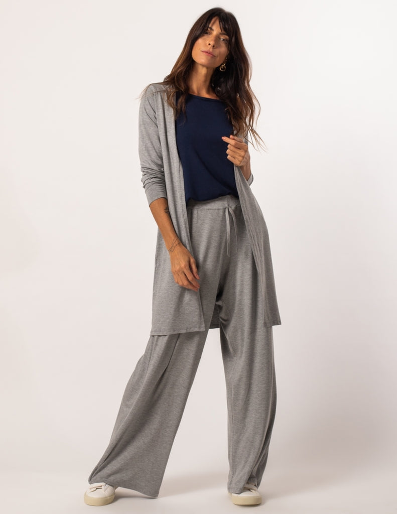 Conjunto Regata fendas marinho com cardigan mescla e Calça Kimono Mescla