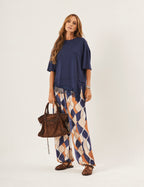 Conjunto Blusa Chiara Azul Marinho e Calça Cecilia Estampa Azul Marinho