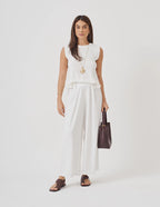 Calça Pantalona Cropped Vera em Malha Canelada Off white