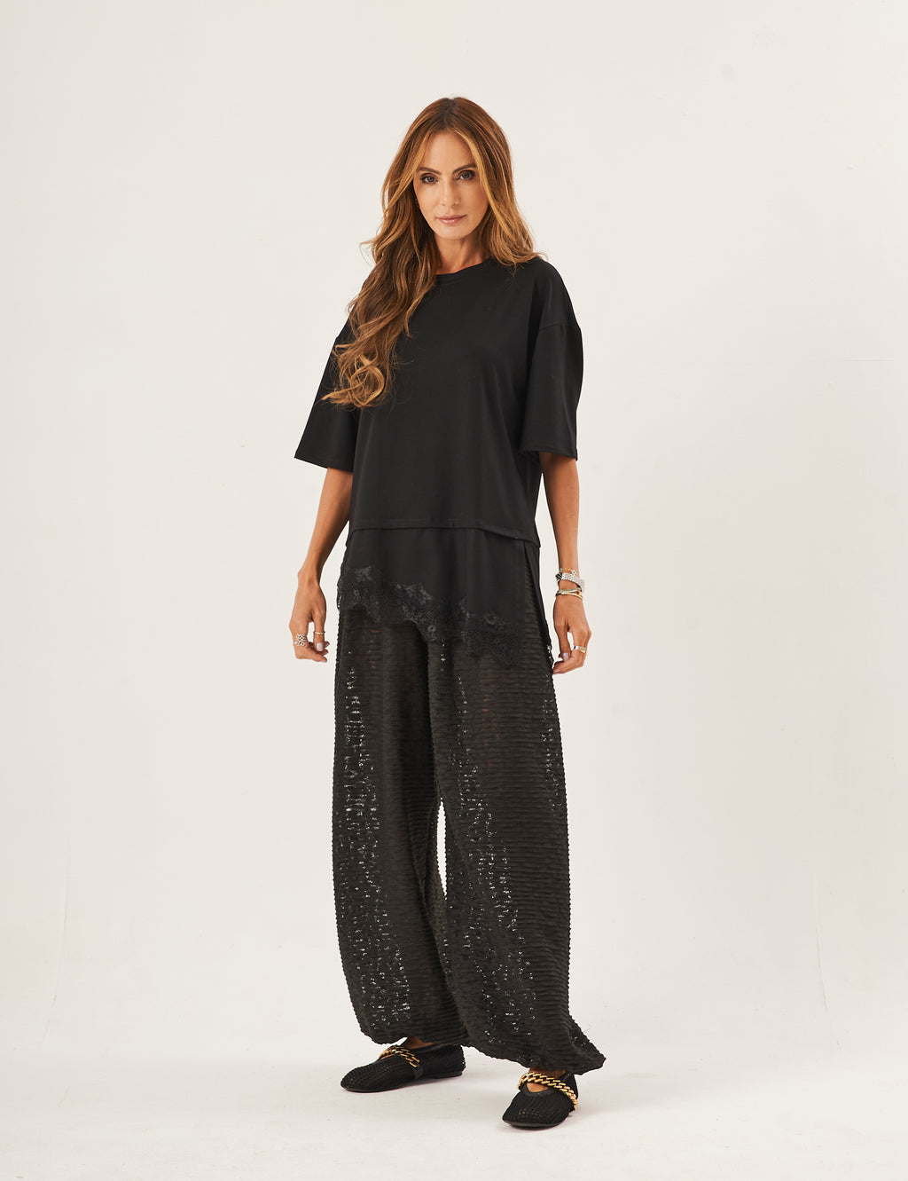 Conjunto Blusa Chiara Preta e Calça Aladin Renda Preta