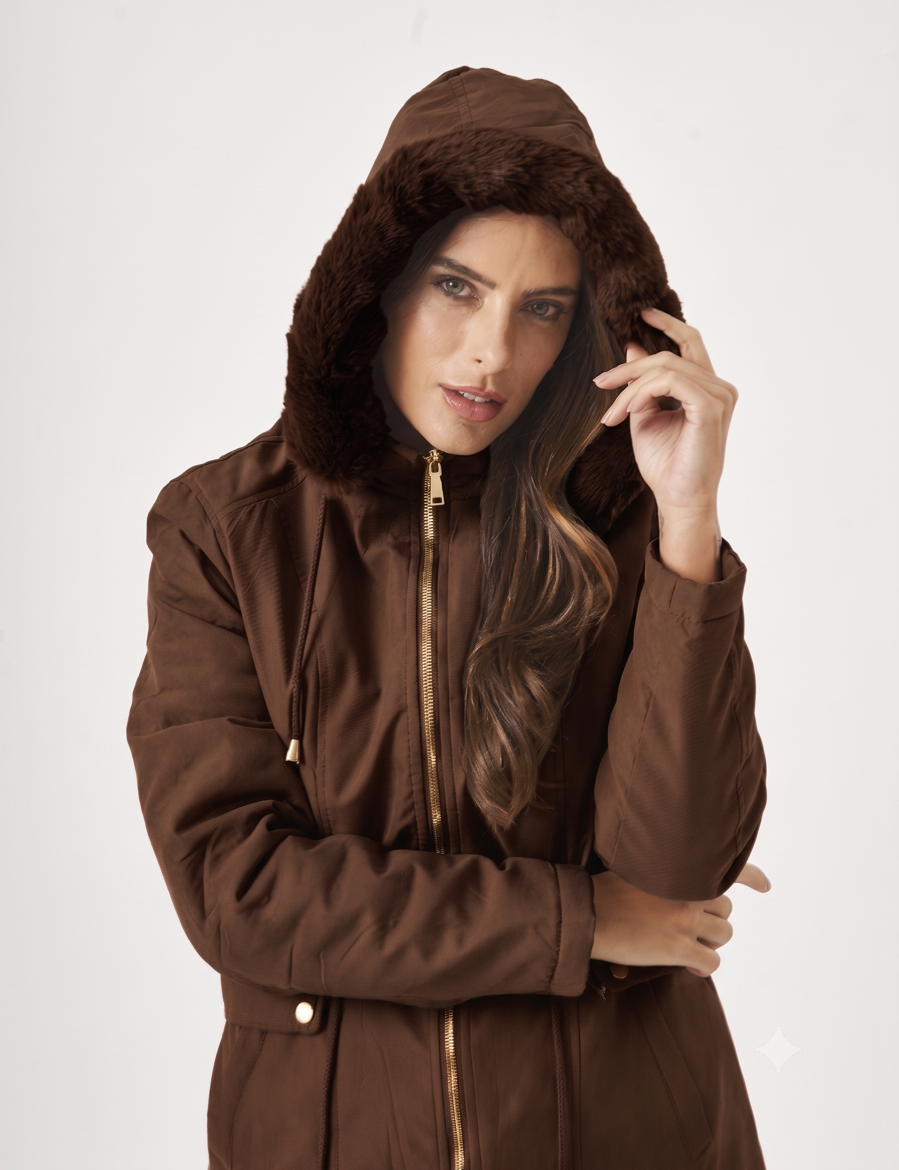 Casaco Maxi Com Touca Marrom