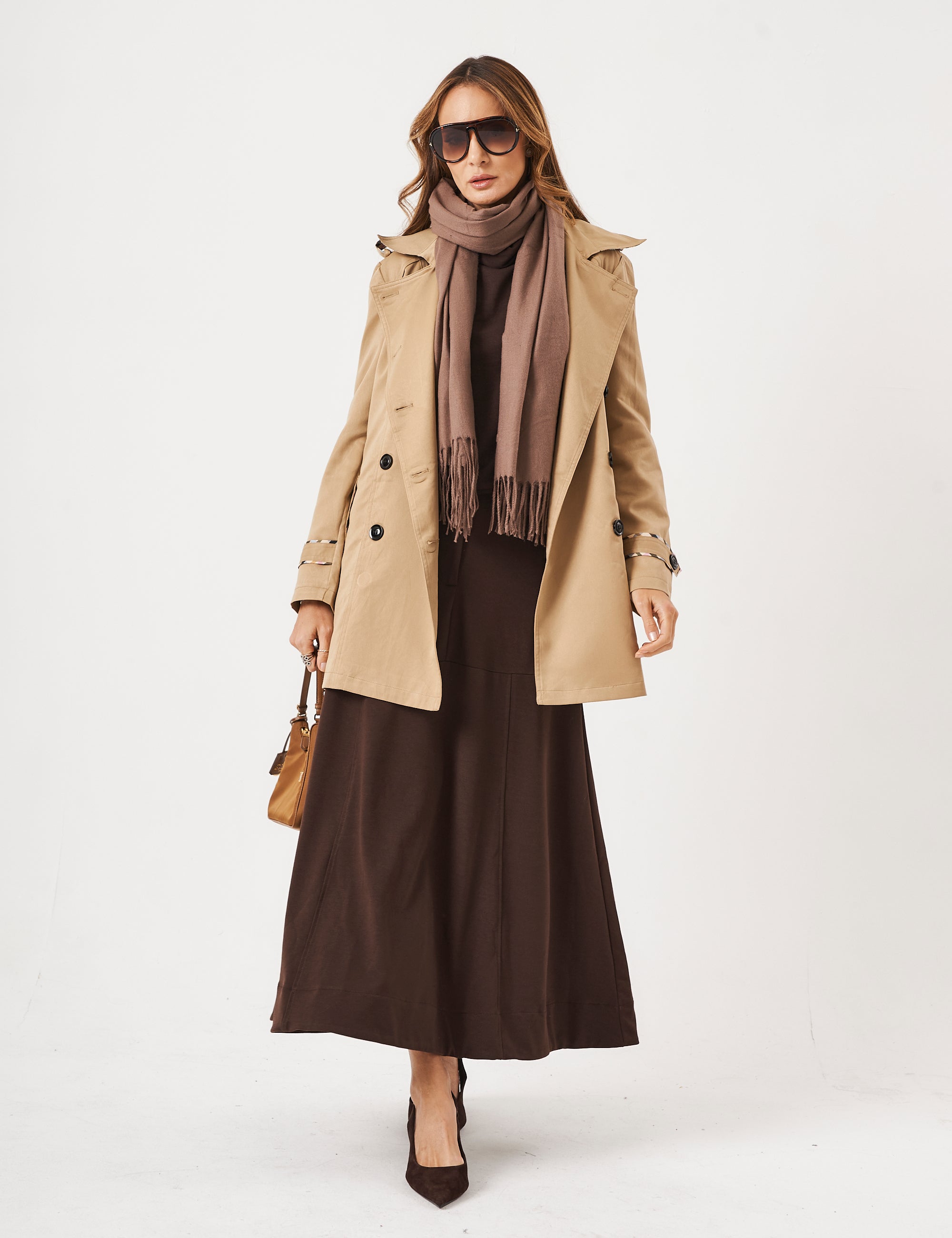 Conjunto Ayla Marrom Com Trench Coat Bege