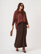 Conjunto Blusa Maya Malbec e Saia Ayla Marrom