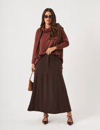 Conjunto Blusa Maya Malbec e Saia Ayla Marrom