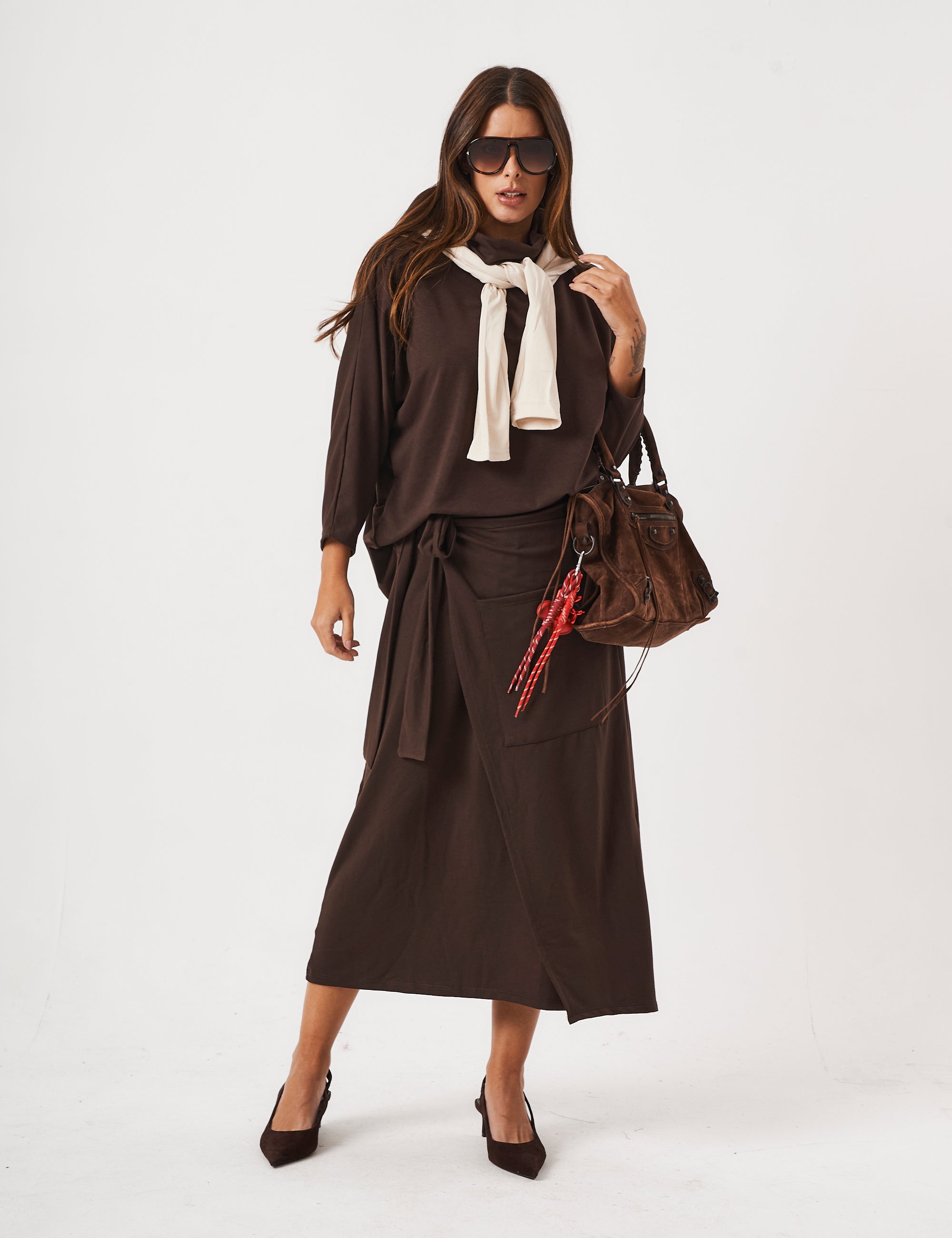 Conjunto Blusa Panamá Marrom e Saia Grécia Marrom
