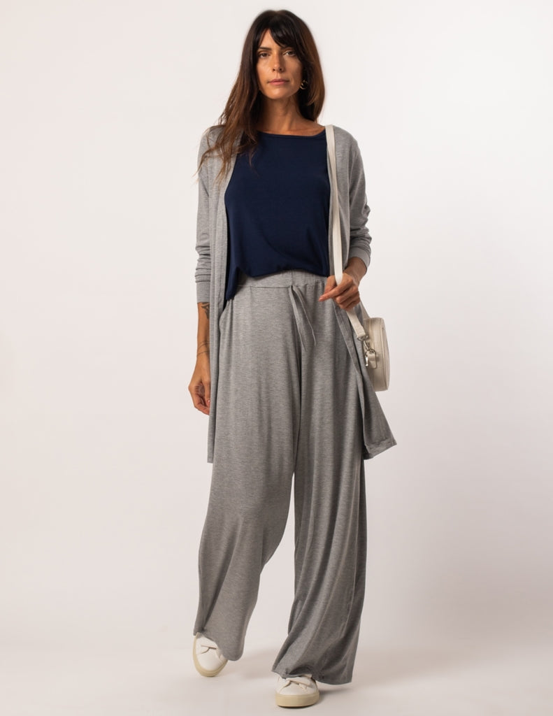 Conjunto Regata fendas marinho com cardigan mescla e Calça Kimono Mescla