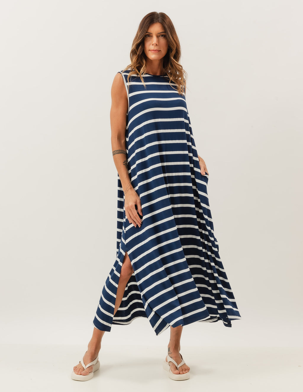 Vestido Clara Listrado Azul e Branco