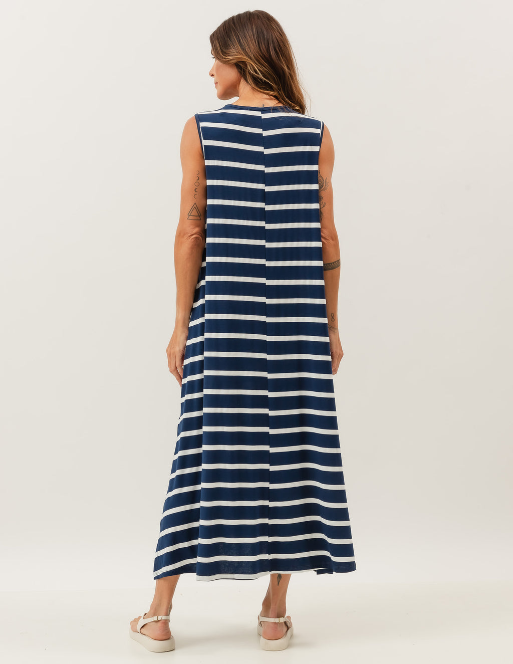 Vestido Clara Listrado Azul e Branco