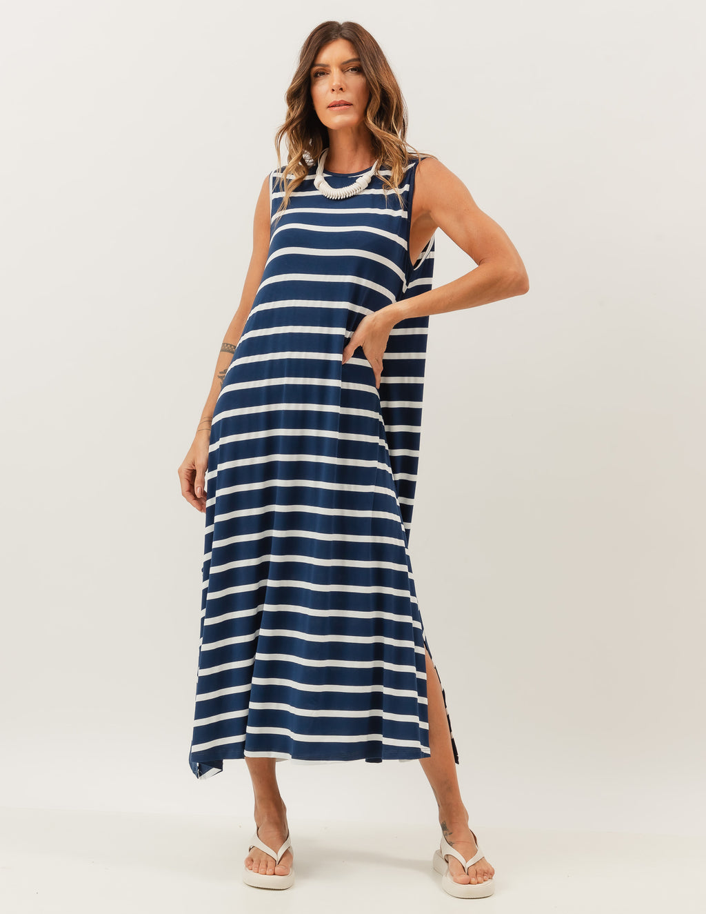 Vestido Clara Listrado Azul e Branco