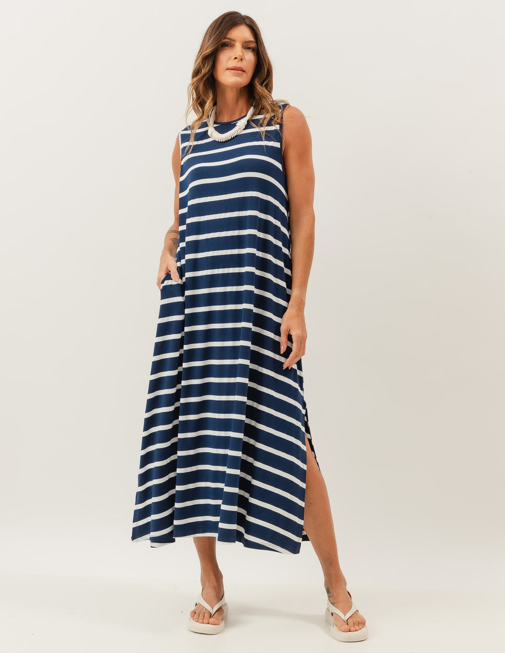 Vestido Clara Listrado Azul e Branco