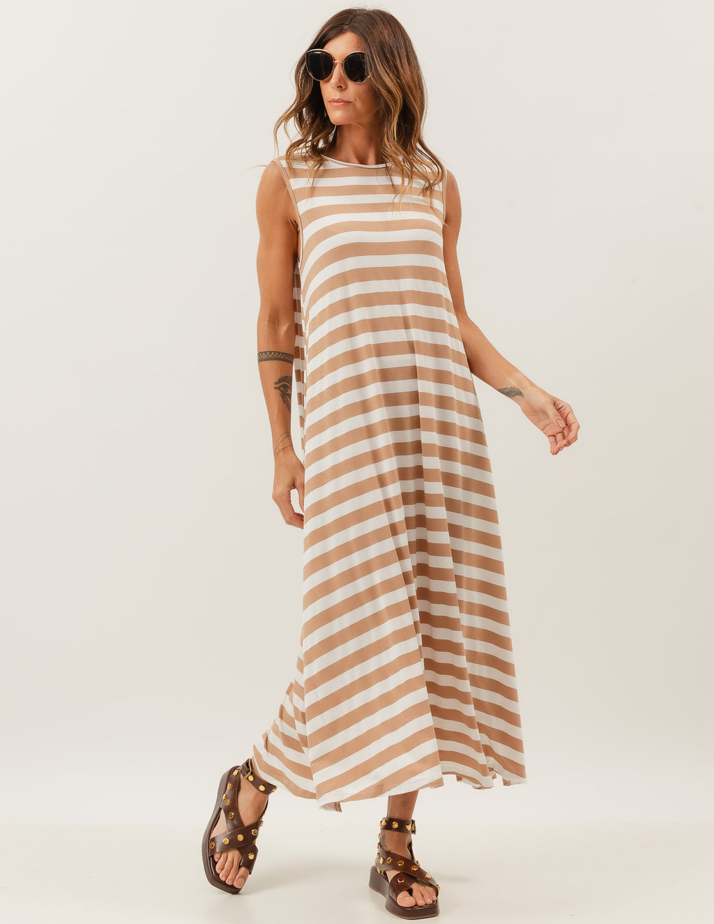 Vestido Clara Listras Bege