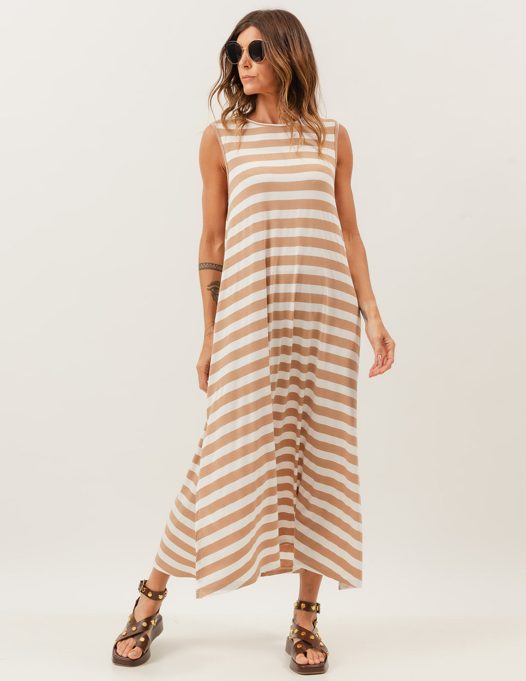 Vestido Clara Listras Bege