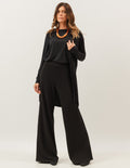 Trijunto Cardigan Longo Preto com Regata fendas preta e Calça Panamá Preta