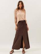 Conjunto Blusa Eva Bege e Saia Midi Valença Marrom