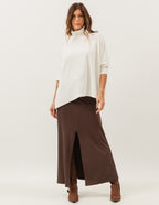 Conjunto Blusa Valença Off White e Saia Midi Valença Marrom