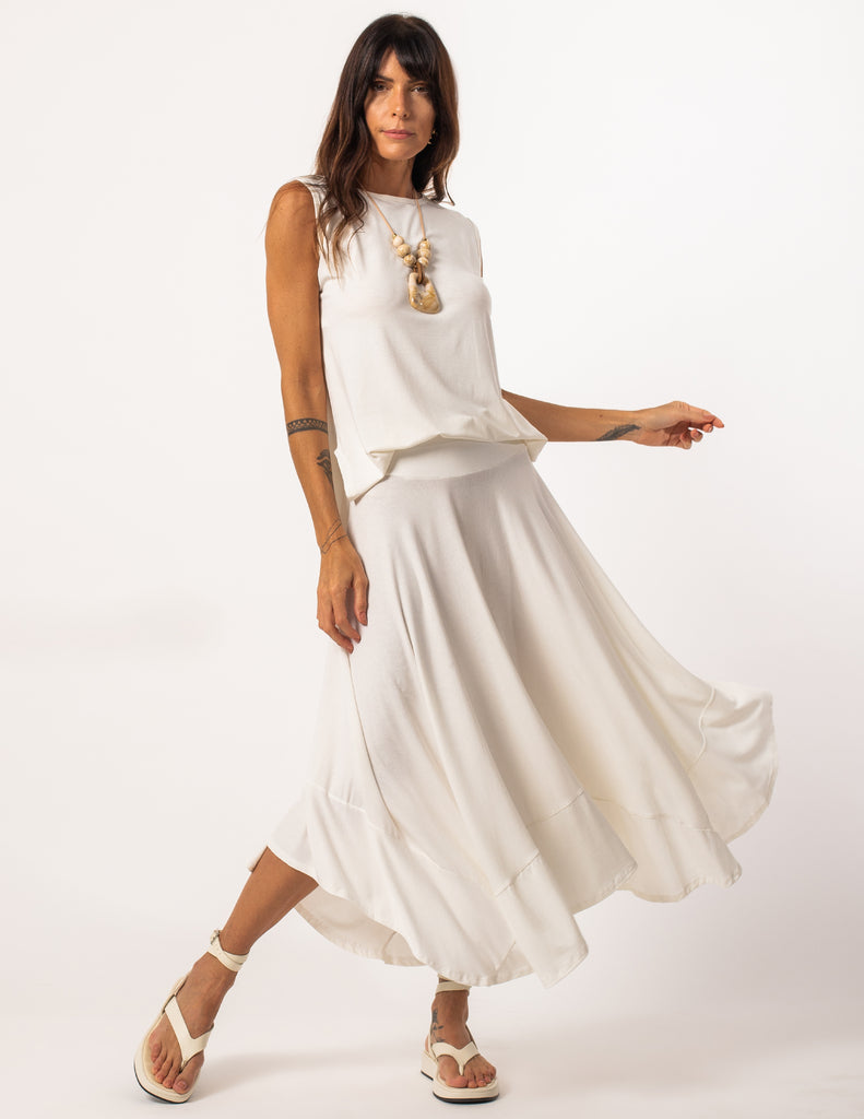Conjunto Regata Fendas Off e Saia Eloa Off White