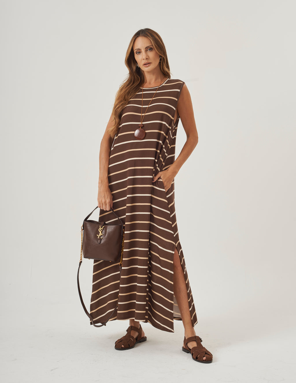 Vestido Clara Marrom Listras Bege