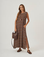 Vestido Clara Marrom Listras Bege