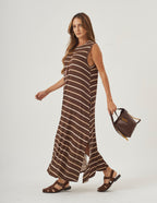 Vestido Clara Marrom Listras Bege