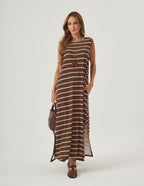 Vestido Clara Marrom Listras Bege