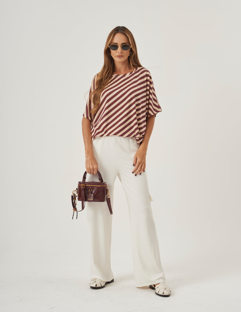 Conjunto Blusa Elisa Listrada Bordo e Calça Cargo Safira Off White