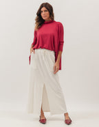 Conjunto Blusa Gola Boba Bordo e Saia Midi Valença Off White