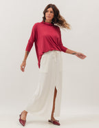 Conjunto Blusa Gola Boba Bordo e Saia Midi Valença Off White