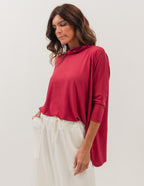 Conjunto Blusa Gola Boba Bordo e Saia Midi Valença Off White