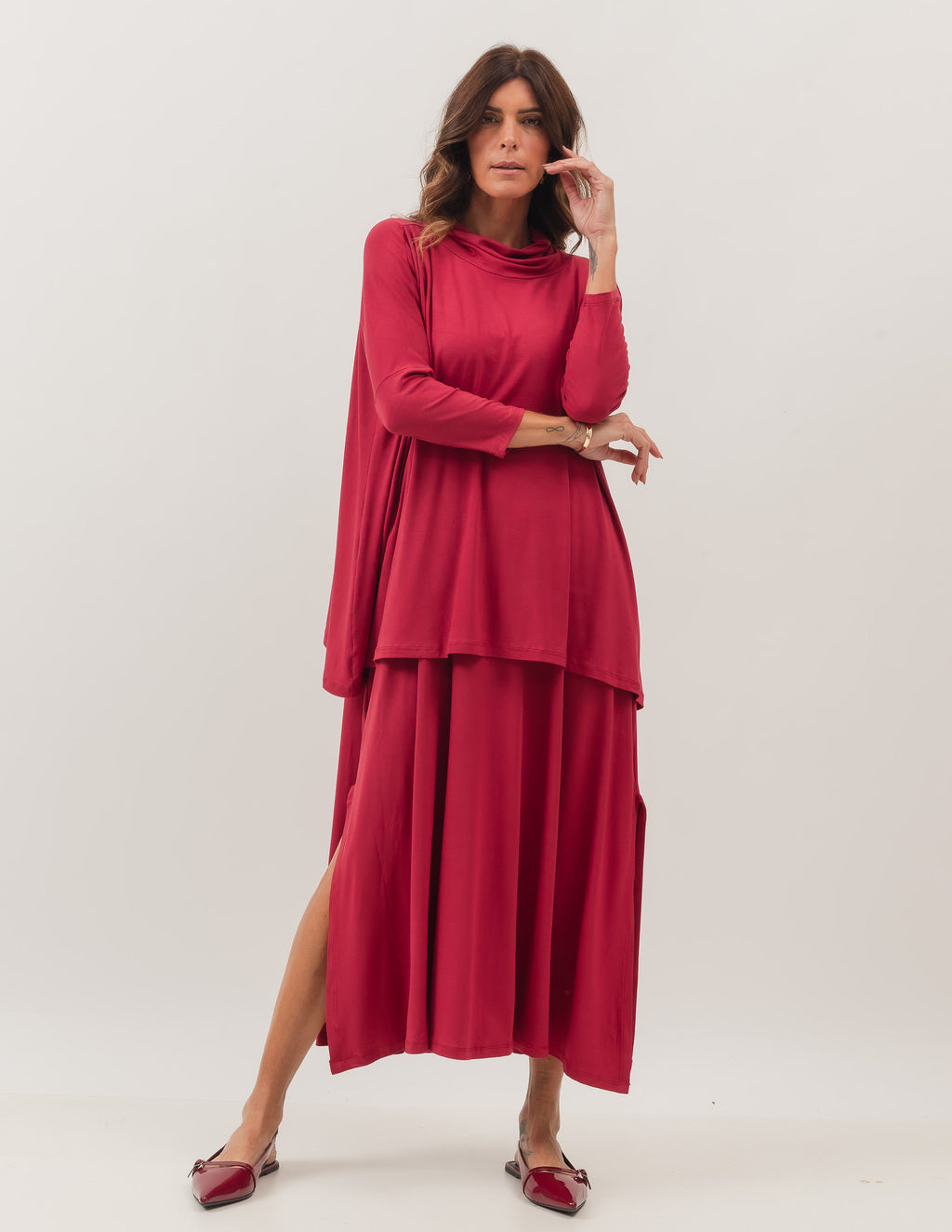 Conjunto Vestido Clara Bordo e Blusa Gola Boba Bordo