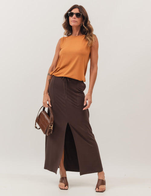 Blusa Regata Kimono Caramelo e Saia Midi Valença Marrom