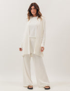 Trijunto Cardigan Barbara Off White com Regata Fendas Off White e Calça Panama Off White