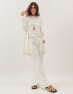 Trijunto Cardigan Barbara Off White com Regata Fendas Off White e Calça Panama Off White
