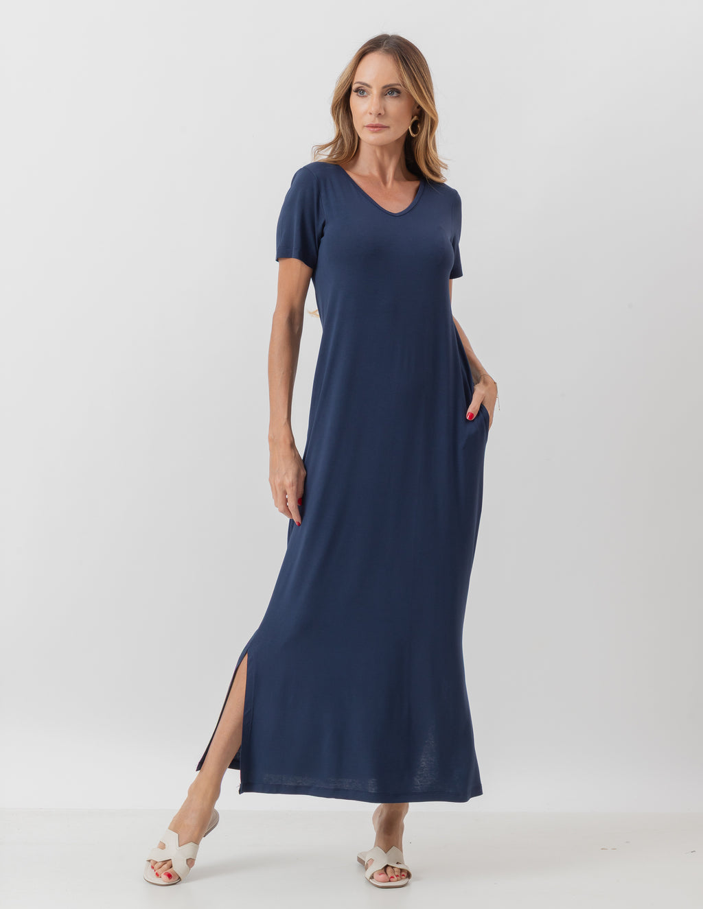 VESTIDO LONGO COM BOLSO AZUL MARINHO