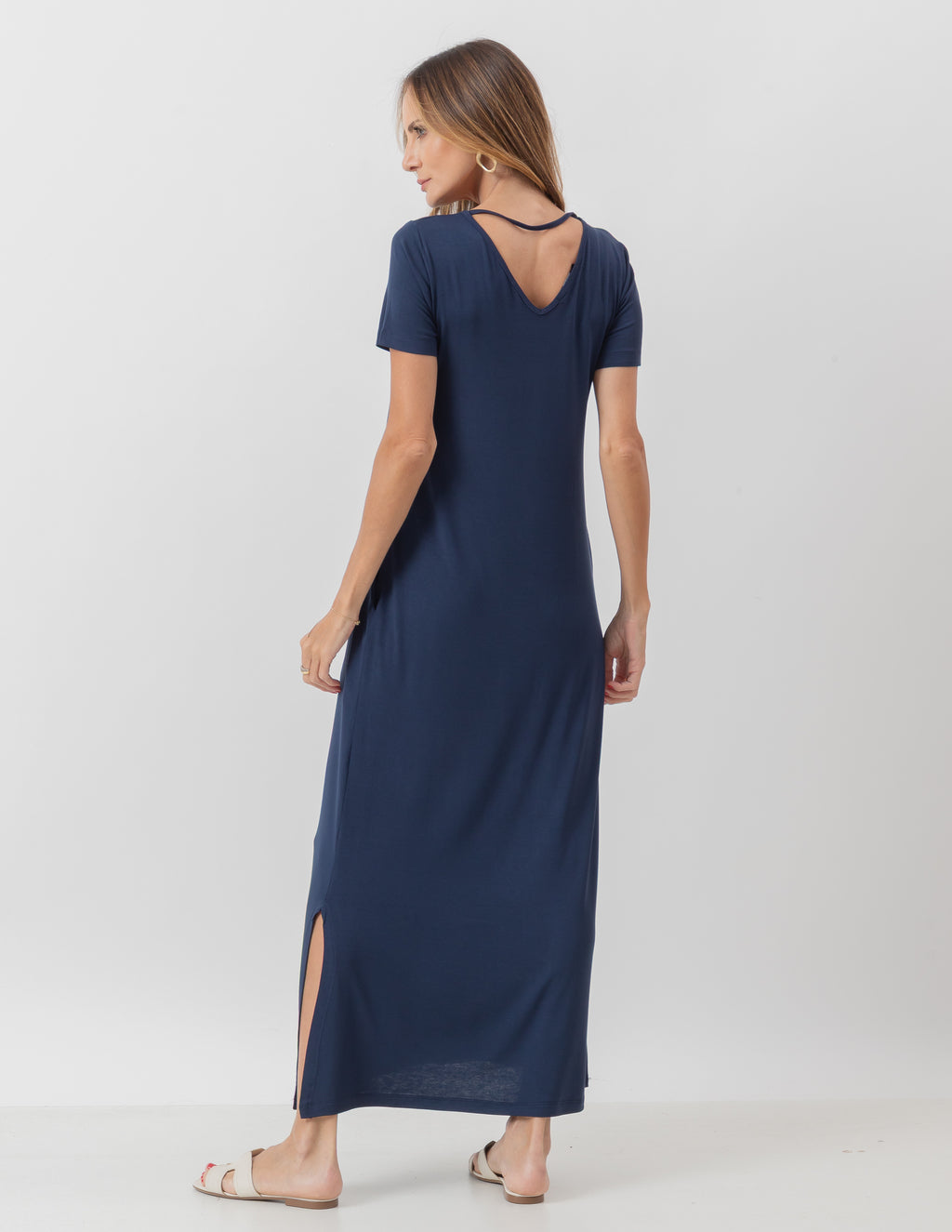 VESTIDO LONGO COM BOLSO AZUL MARINHO