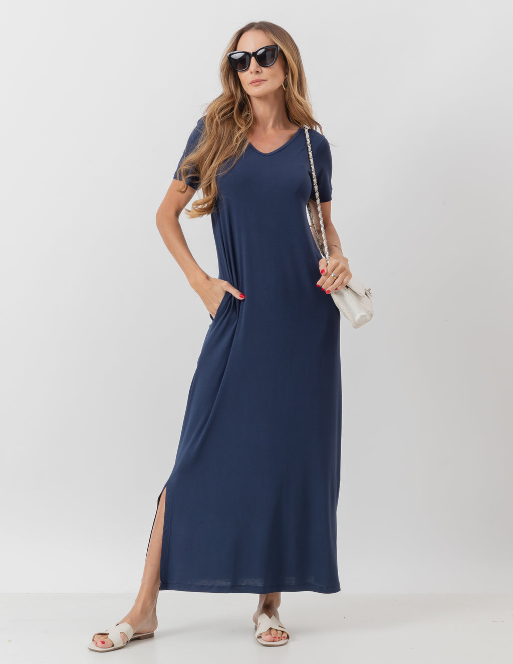 VESTIDO LONGO COM BOLSO AZUL MARINHO