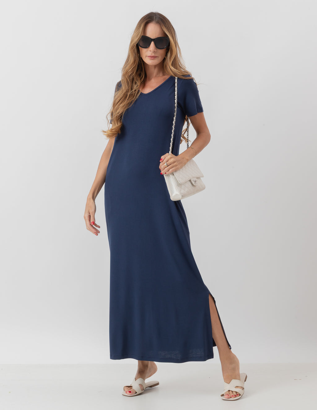 VESTIDO LONGO COM BOLSO AZUL MARINHO