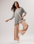Conjunto Blusa gola careca mescla com Calça Pantalona Barbara Bege