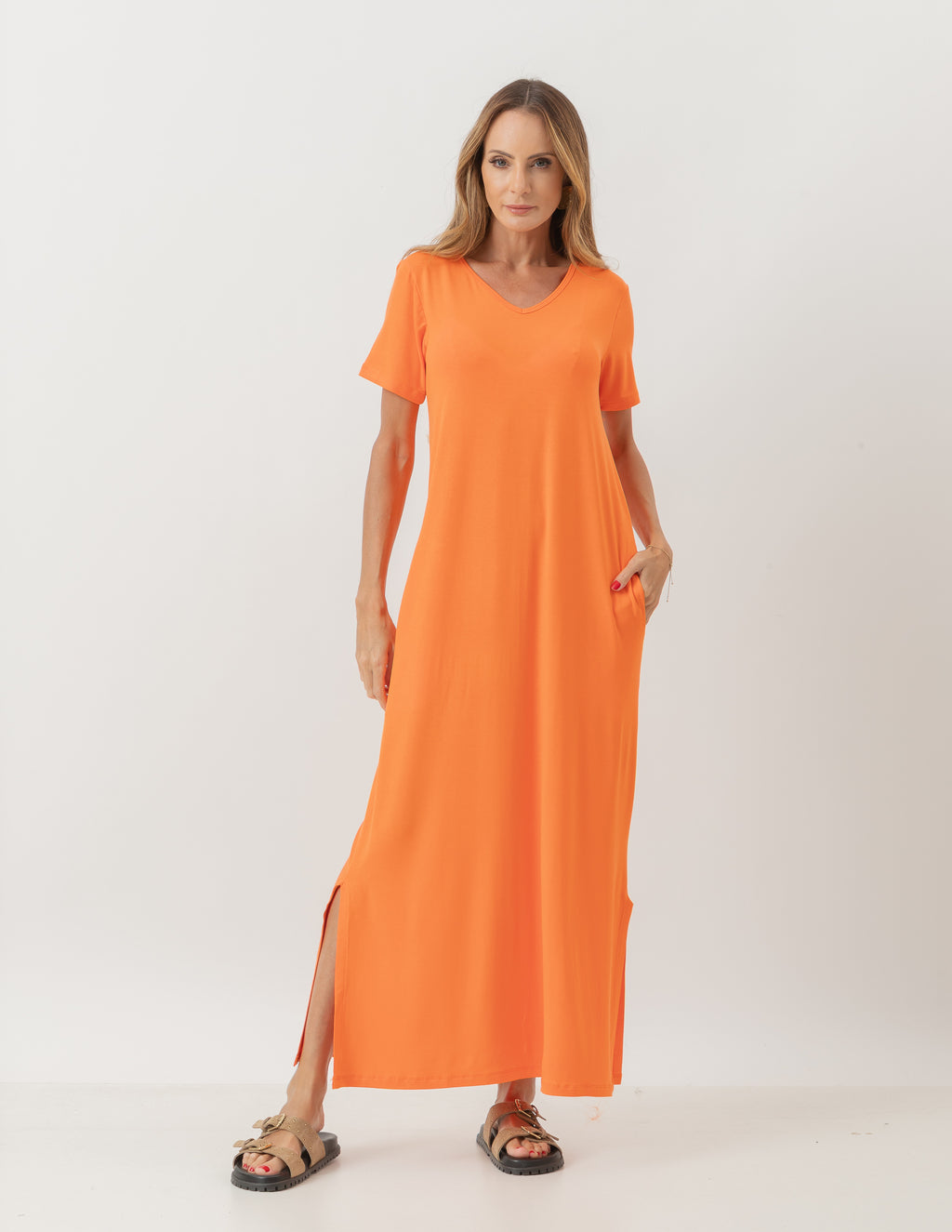VESTIDO LONGO COM BOLSO LARANJA