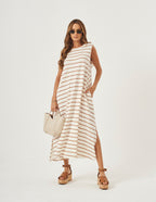 Vestido Clara Off Listras Bege