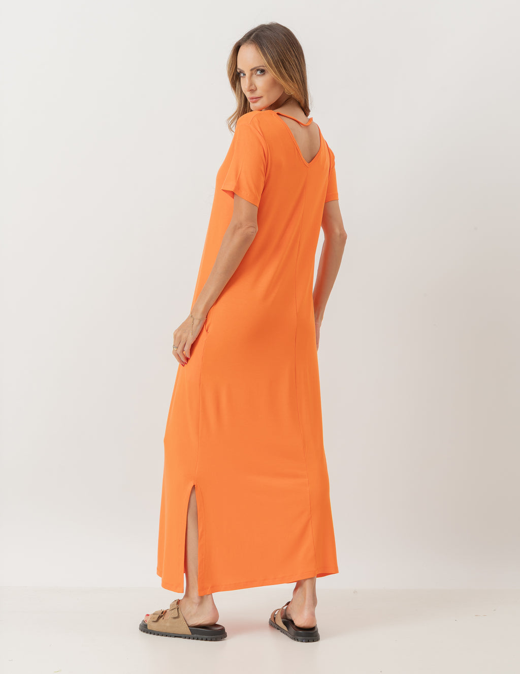 VESTIDO LONGO COM BOLSO LARANJA