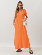 Vestido Longo com Bolso Laranja