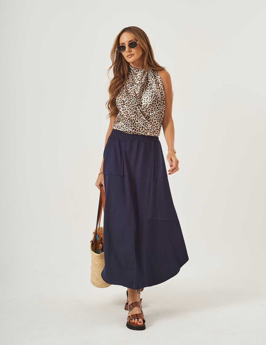 Conjunto Lenço animal Print e Saia Emma Azul Marinho