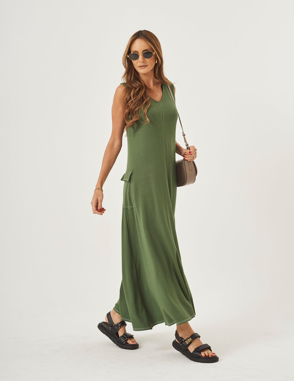 Vestido Pespontado Anastasia Verde Militar
